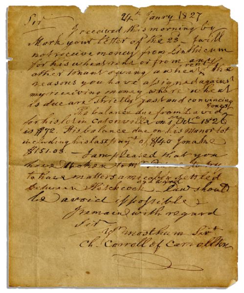 Declaration Signer & First Ever Maryland Senator Charles Carroll Autograph Letter Signed 