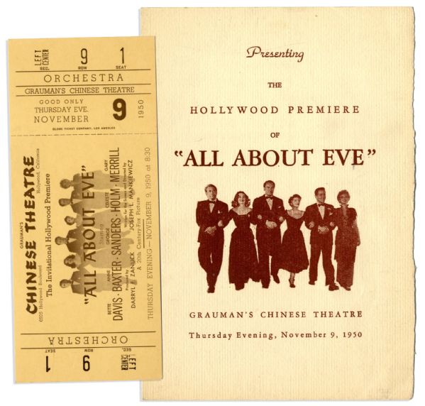 ''All About Eve'' Hollywood Premiere Program & Ticket -- From 1950, Starring Bette Davis & Marilyn Monroe as Ingenue