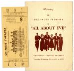All About Eve Hollywood Premiere Program & Ticket -- From 1950, Starring Bette Davis & Marilyn Monroe as Ingenue