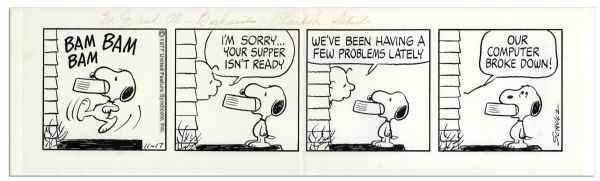 Schulz ''Peanuts'' Hand-Drawn Comic Strip From 1977 Starring Charlie Brown & Snoopy -- Also Early Strip Referencing Computer Technology