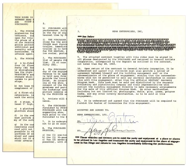 Beatles Drum Auction Beatles Contract Rider for Their 1965 San Diego Concert Signed by Brian Epstein -- The Beatles Refuse to Play Before a Segregated Audience