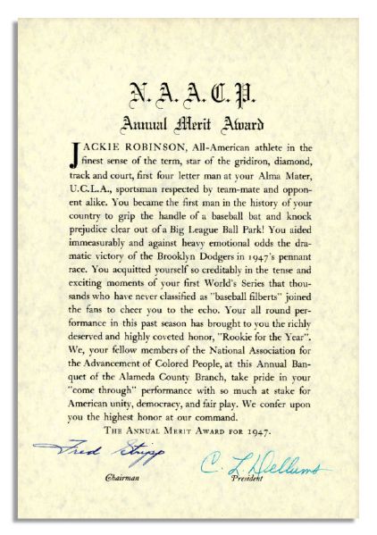 Jackie Robinson 1947 NAACP Annual Merit Award -- His Personal Copy, Commemorating His Brooklyn Dodgers Debut Season as the First African American to Play Major League Baseball