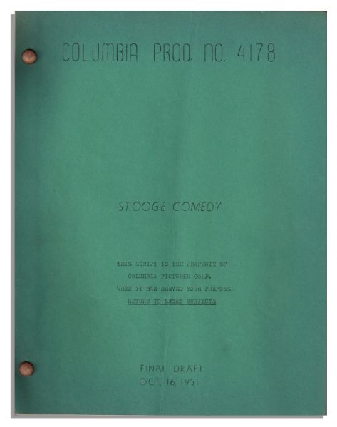 Moe Howard's Own Three Stooges' Columbia Pictures Script -- For Their 1951 Film, Corny Casanovas -- From the Personal Estate of Moe Howard