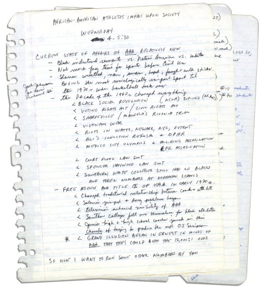 Arthur Ashe's Handwritten Outline for a Speech on Black Athletes -- ''...White America, for the first time, saw...records...smashed by members of a group they assumed to be inferior...''