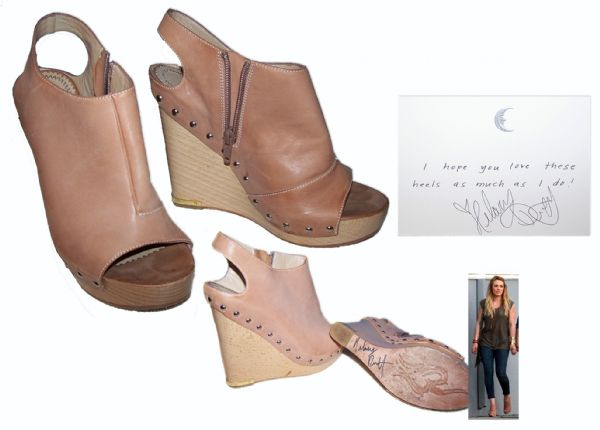 Nude Slingback Leather Wedges Worn & Signed by Hilary Duff -- Duff Signs Both Shoes