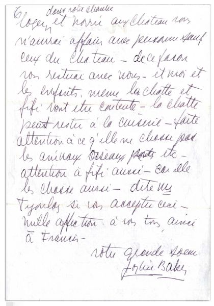 Josephine Baker Autograph Letter Signed -- ''...the cat can stay in the kitchen - pay attention to her that she does not chase the animals - birds, etc. Pay attention to Fifi as well...''
