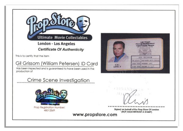 ID Prop Used in Production of 2012's Most Watched Television Show in the World, ''CSI: Crime Scene Investigation''  -- Lead Character Gil Grissom's ID Card