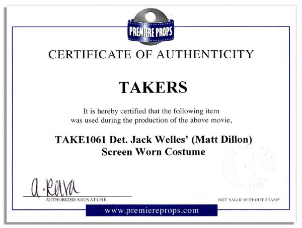 Matt Dillon Screen-Worn Wardrobe From the Thriller ''Takers'' -- With COA From Premiere Props