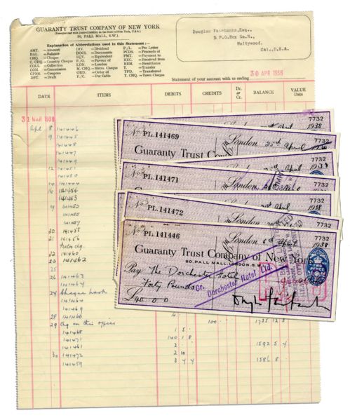 Lot of 7 Douglas Fairbanks, Sr. Single Signed Checks -- With Corresponding Entries on Ledger Sheet