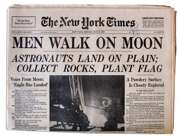 Neil Armstrong Signed 21 July 1969 ''New York Times'' Newspaper -- ''Men Walk on the Moon''