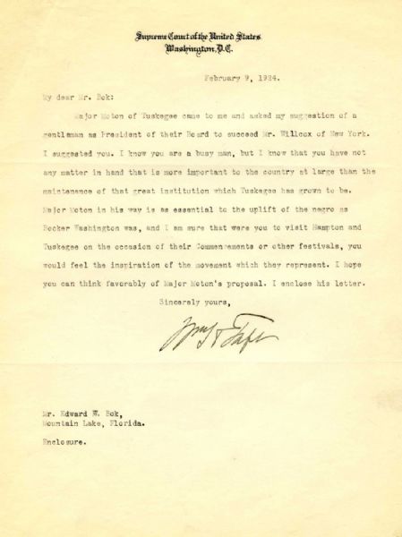 William Taft Signed Letter as Supreme Court Chief Justice Regarding the Tuskegee Institute -- ''...Major Moton in his way is as essential to the uplift of the negro as Booker Washington was...''