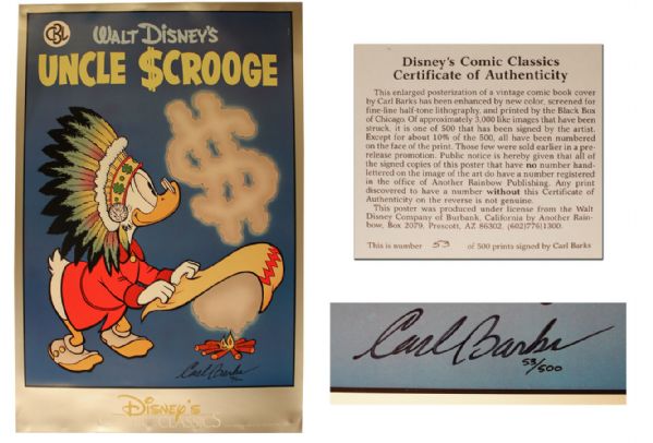 Limited Edition Scrooge McDuck 24'' x 36'' Poster -- Signed by Disney Animator Carl Barks -- With Disney COA -- Near Fine