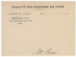 Marie Curie Document Signed on Institut Du Radium Card -- Scarce