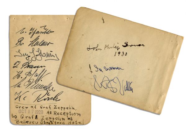 John Phillip Sousa Signs a 4.75'' x 3.5'' Album Page -- ''John Phillip Sousa / 1930'' -- Graf Zeppelin Crew Sign on Verso -- Very Good