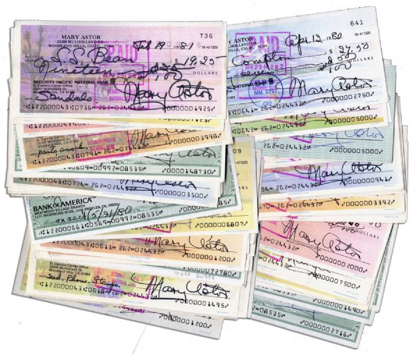 Lot of 100 Checks Signed by Classic Hollywood Film Star Mary Astor