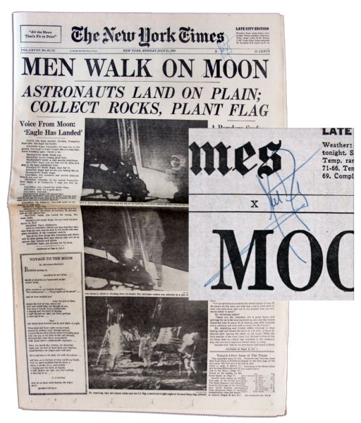 Neil Armstrong Signed 21 July 1969 ''New York Times'' Newspaper -- ''Men Walk on the Moon''