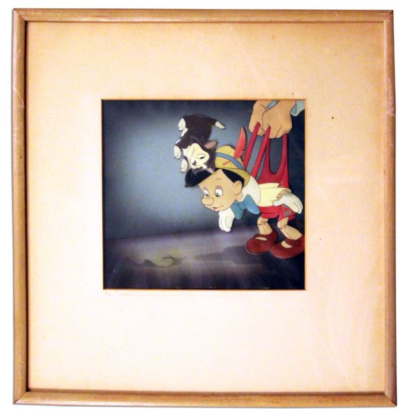 Disney 1940 Production Cel From Pinnochio -- Featuring Pinnochio as a Puppet & Figaro The Cat -- During The Scene When Geppetto Learns Pinnochio Talks!