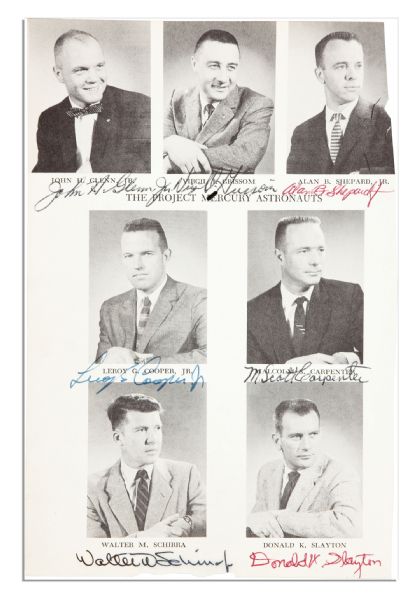Page Signed by the Original Mercury 7 Astronauts Next to Their Photos -- John Glenn, Virgil Grissom, Alan Shepard, Leroy Cooper, M. Scott Carpenter, Walter Schirra & Donald K. Slayton