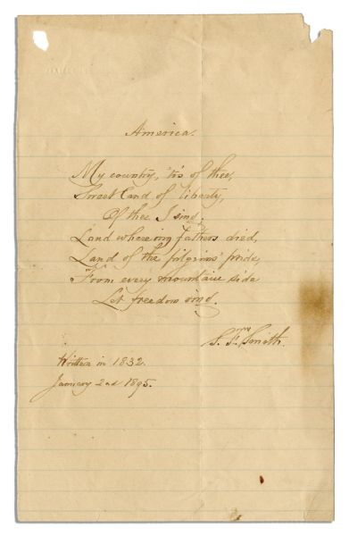 Samuel Smith Autograph Poem Signed of ''America'' -- ''My Country, 'Tis of Thee''