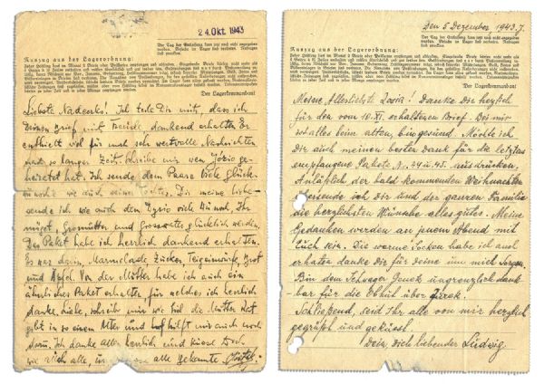1943 Autograph Letter Signed by a Prisoner in Sachsenhausen Concentration Camp -- ''...Thankfully I have received the parcel. In it there was marmalade, sugar, dough...bread and apples...''