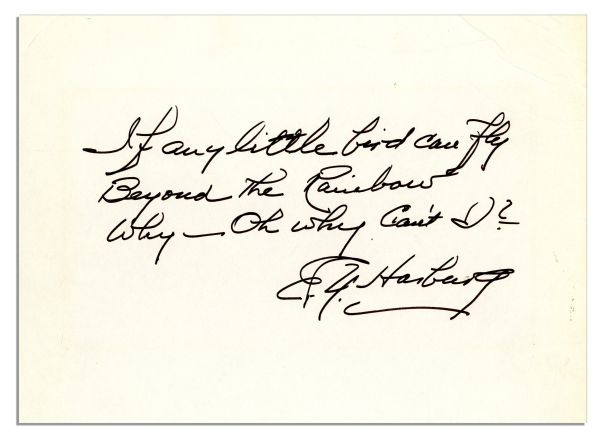 ''Wizard of Oz'' Composer E.Y. Harburg Signed Handwritten Lyrics From His Most Famous Song, ''Over the Rainbow'' -- With PSA/DNA COA