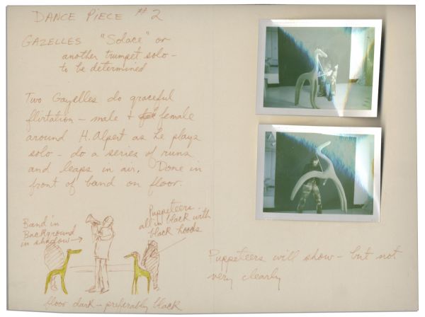 Jim Henson Early ''Muppets'' Character Sketch -- Depicting Notes for a Muppets Dance Number for a Very Early Television Debut -- Includes Two Polaroids of Henson Posing With the Puppets