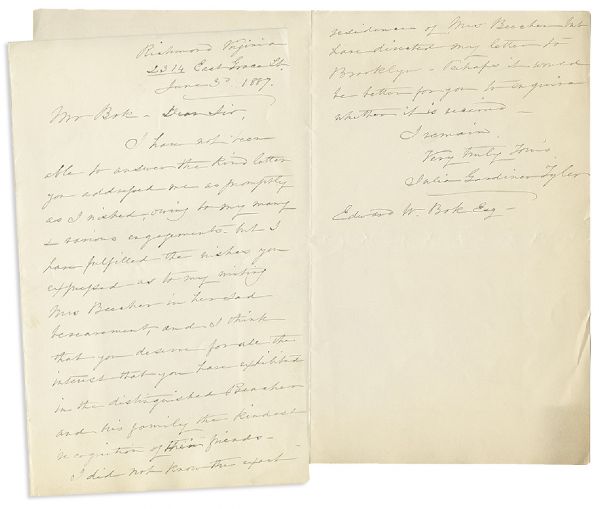 First Lady Julia Tyler Autograph Letter Signed Regarding the Death of Scandalized Abolitionist Preacher Henry Ward Beecher -- ''...the distinguished Preacher...'' -- 1887