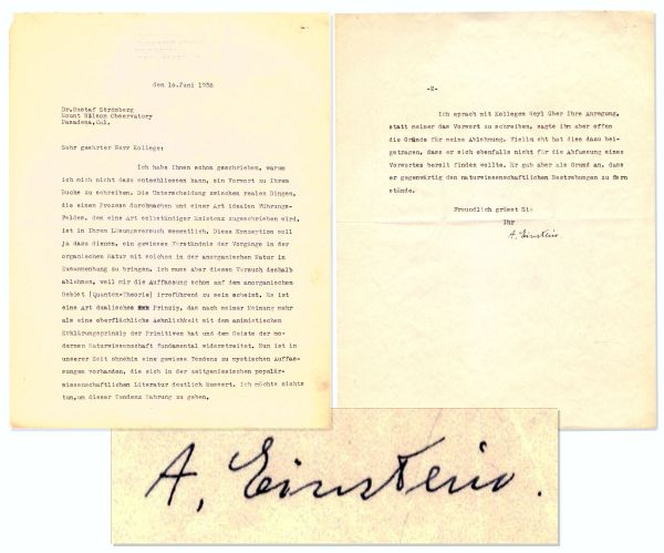 Albert Einstein Letter Signed Mentioning Quantum Theory Physics -- ''...fundamentally opposed to modern science...a mystical view...is being publicized in the popular scientific literature...''