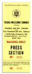 Ticket to JFKs Texas Welcome Dinner -- Scheduled for the Night of His Assassination