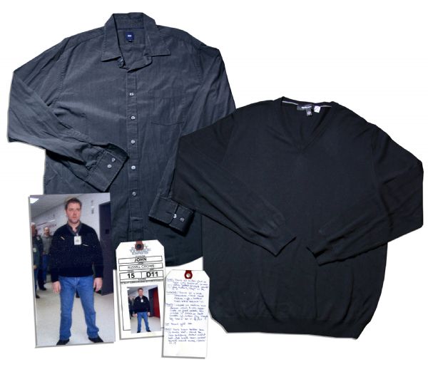 Russell Crowe Wool Sweater & Pinstripe Shirt From ''The Next Three Days''