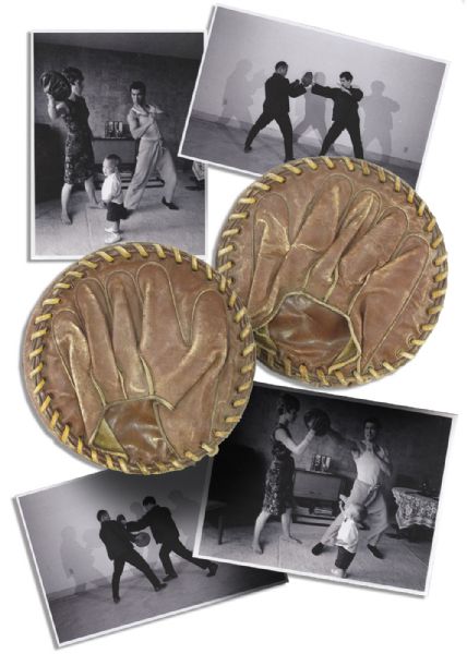 Bruce Lee's Personally Owned & Used Focus Mitts -- With Several Photos Showing Lee Punching or Kicking the Mitts
