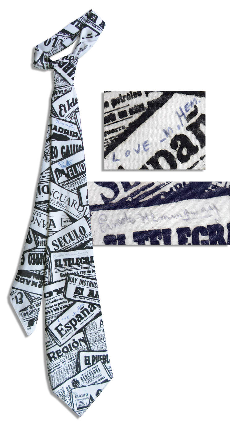 Ernest Hemingway First Edition Ernest Hemingway Signed Tie -- Signed While in Pamplona, Spain, the Site of ''The Sun Also Rises'' -- Hemingway Writes About This Time in Pamplona in ''The Dangerous Summer''