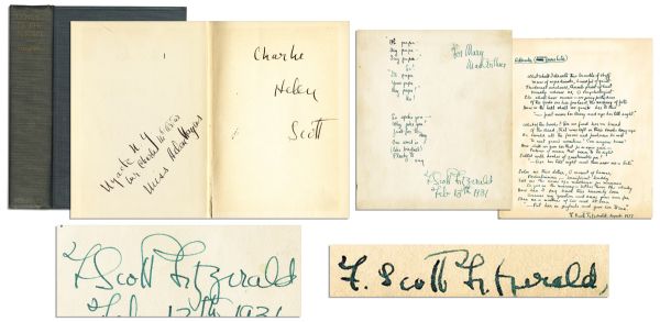 F. Scott Fitzgerald Lot of Two Extraordinary, Unpublished & Handwritten Poems: ''...Tenderest evidence, thumb-print of lust...'' -- Also With a Signed First Printing of ''Tender is the Night''