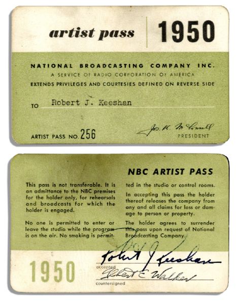 Signed 1950 NBC Artist Pass for Robert Keeshan -- From His Days on ''Howdy Doody''