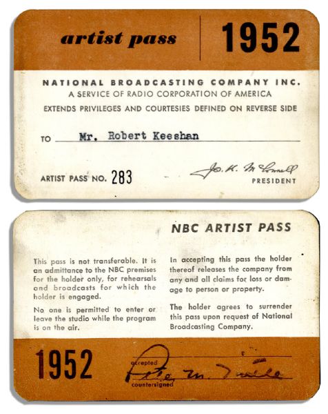 Robert Keeshan 1952 NBC Artist Pass -- From His Last Year as Clarabell The Clown on ''Howdy Doody'', Just Before He Was Fired for a Salary Dispute With NBC