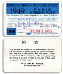 Bob Keeshans 1949 Radio Working Pass -- So He Can Work at the Ringling Bros. and Barnum & Bailey Circus
