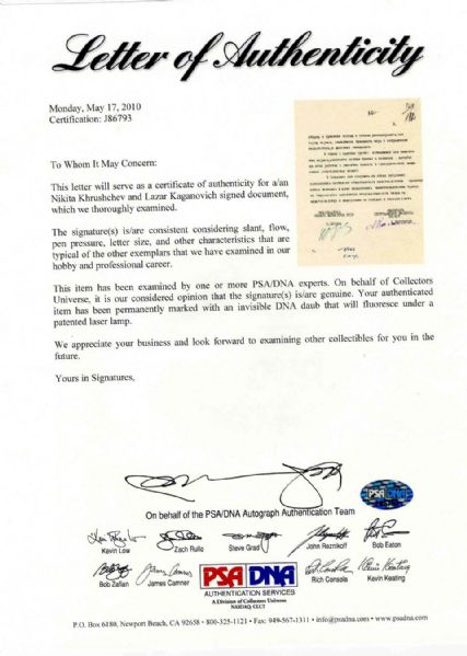 Nikita Khrushchev & Lazar Kaganovich Document Signed -- ''...those persons who are guilty must be punished immediately...'' -- With PSA/DNA COA