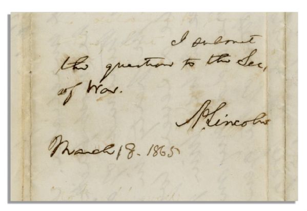 Abraham Lincoln Autograph Note Signed -- Just One Month Before His Assassination Signed by Lincoln as President