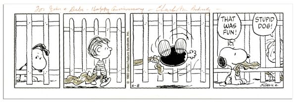 Charles Schulz ''Peanuts'' Hand-Drawn Strip From 1993 -- Snoopy Steals Linus' Blankie