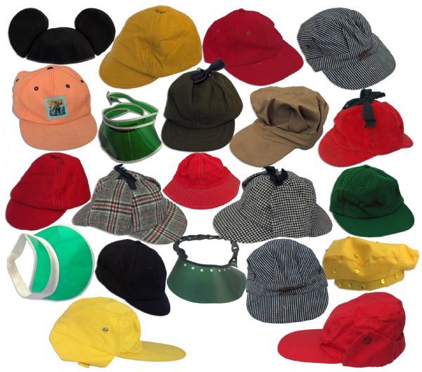 Captain Kangaroo Screen-Worn Costume Hat Lot -- Widely Varied Styles Including Mickey Mouse Ears & Three Tweed Deerstalkers
