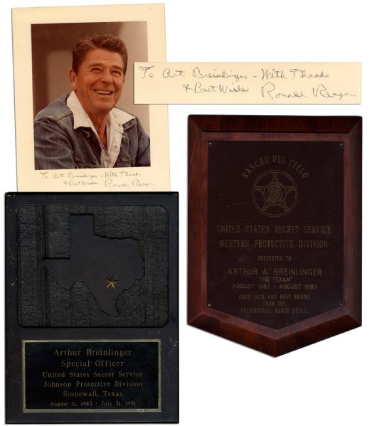 Ronald Reagan Signed Photo With Inscription to His Secret Service Agent -- Also With Two Secret Service Plaques 
