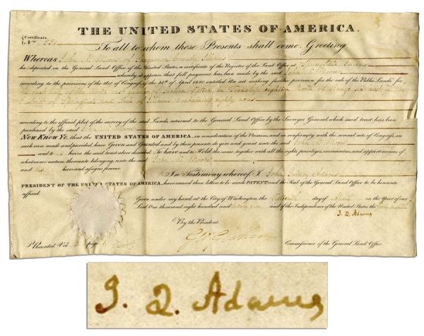 John Quincy Adams Illinois Land Grant Signed as President in 1825