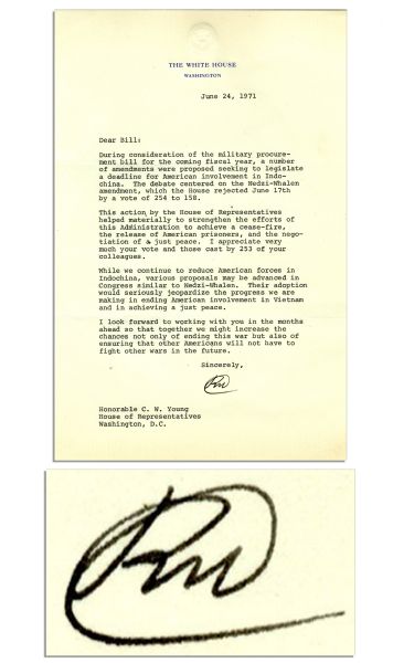 1971 Letter Signed by Richard Nixon as President Regarding Vietnam -- ''...this Administration to achieve a cease-fire, the release of American prisoners, and the negotiation of a just peace...''
