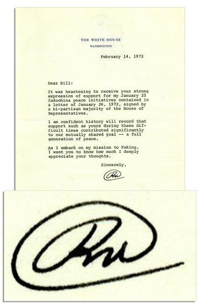 Richard Nixon Typed Letter Signed as President Preparing for His Historic 1972 Visit to Communist China -- ''...a full generation of peace. As I embark on my mission to Peking...''