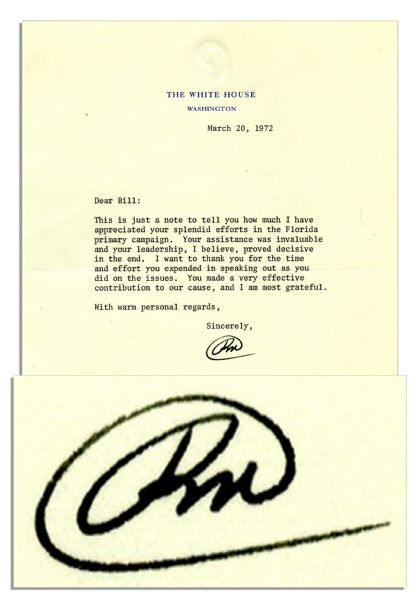 Richard Nixon Letter Signed as President to Congressman Bill Young Regarding the Contentious 1972 Election Season -- ''...your splendid efforts in the Florida primary campaign...proved decisive...''