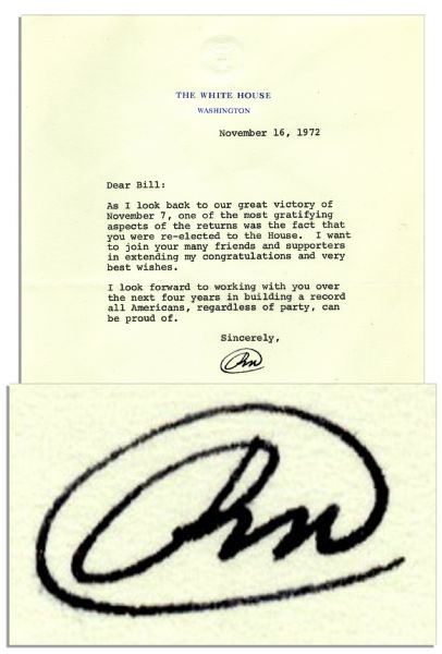 Richard Nixon Letter Signed as President After Winning Re-Election in 1972 -- ''...our great victory of November 7...''