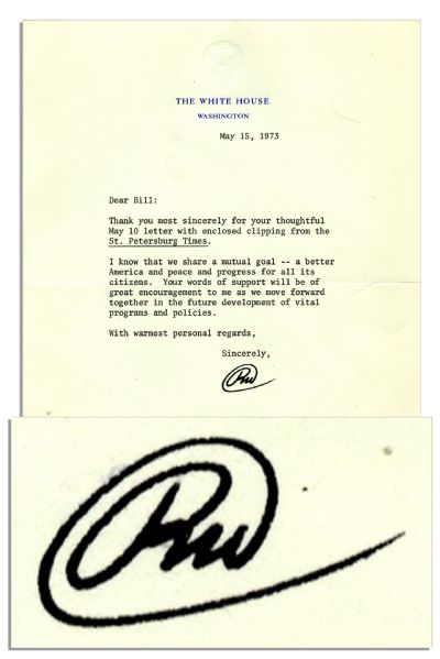 Richard Nixon Typed Signed Letter as President -- ''...we share a mutual goal -- a better America and peace and progress for all its citizens...''