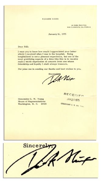 Richard Nixon Typed Letter Signed Shortly After His Resignation -- ''...Being hospitalized is not a pleasant experience...''