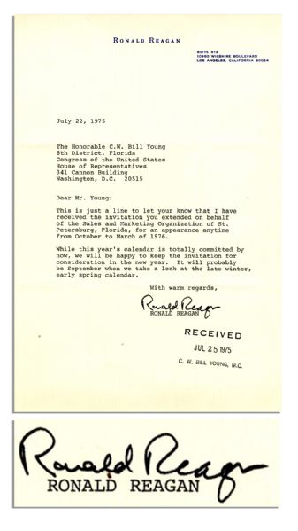 Ronald Reagan Typed Letter Signed From 1975 as He Prepared His Challenge to Gerald Ford -- ''...this year's calendar is totally committed...''