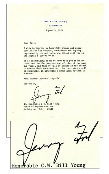 Gerald Ford 1976 Typed Letter Signed as President, Thanking a Congressman for His Re-Election Endorsement -- ''...Your assistance will be invaluable in achieving a Republican victory in November...''